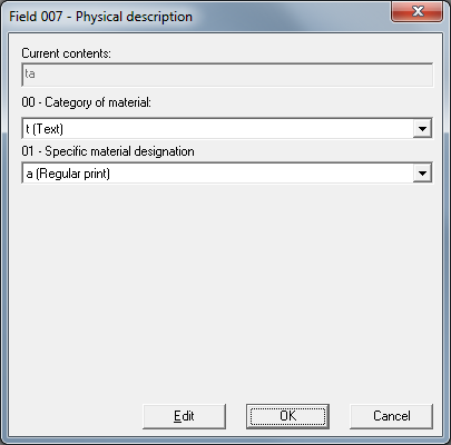 Edit Field 007 Dialog  Specific Material Designation Menu