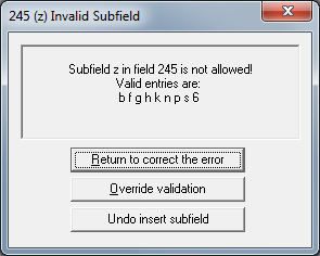 Invalid Subfield Dialog