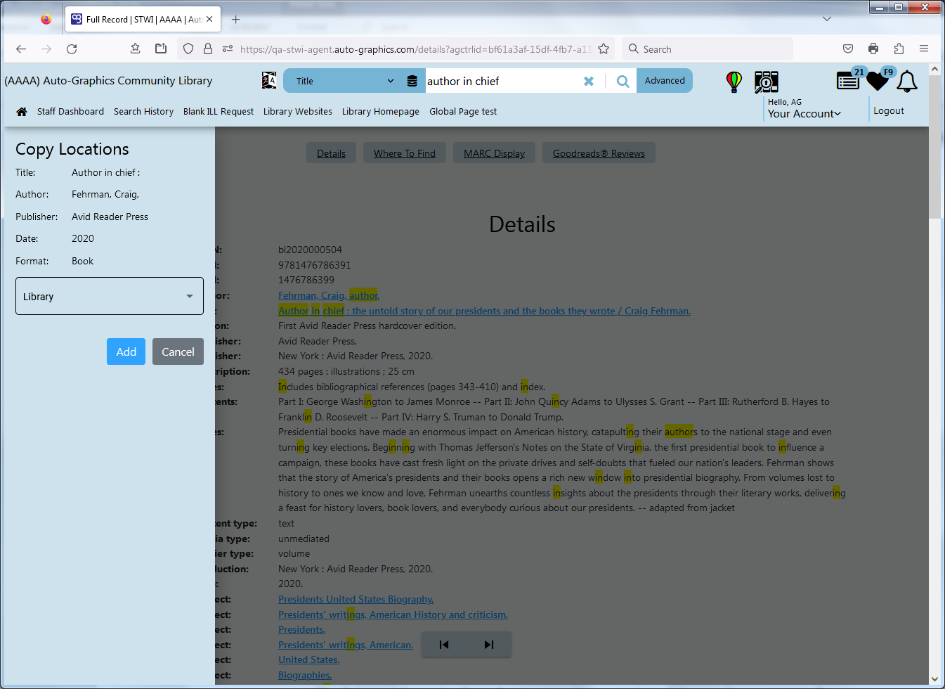 copy cataloging panel select location