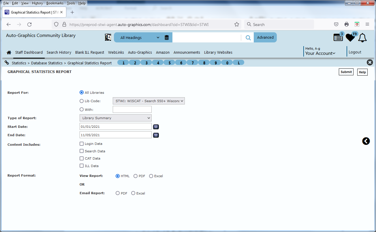 Graphical Statistics Setup Screen