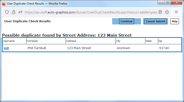 User Duplicate Check Results Duplicates Found