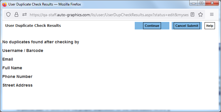 User Duplicate Check Results  No Duplicates