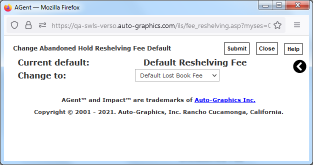 image of Change Abandoned Hold Reshelving Fee Default Screen
