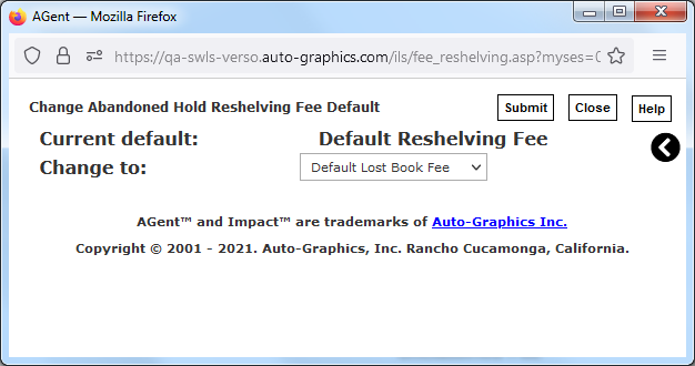 Change Abandoned Hold Reshelving Fee Default Screen