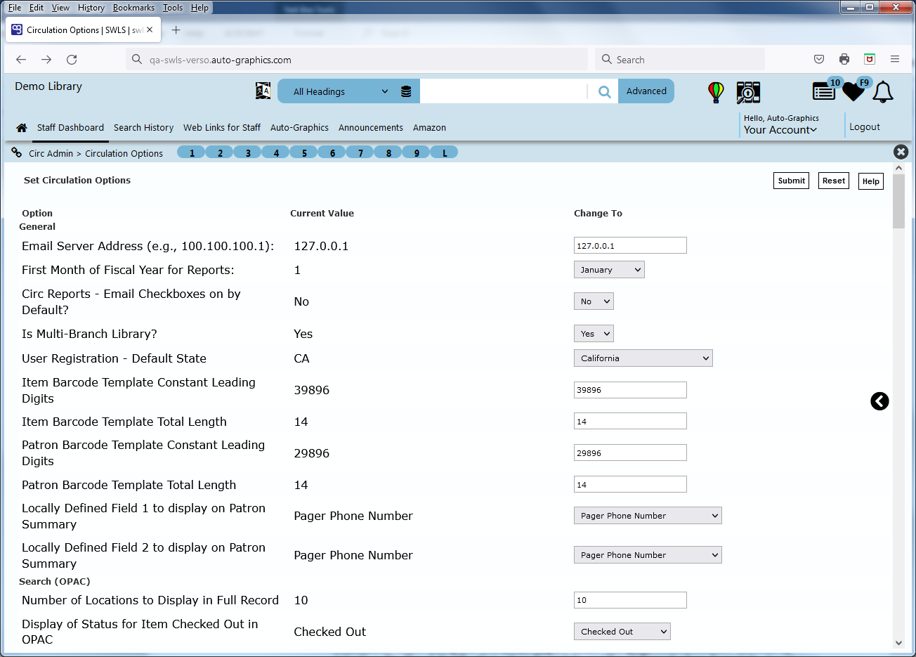 image of Circulation Options Screen