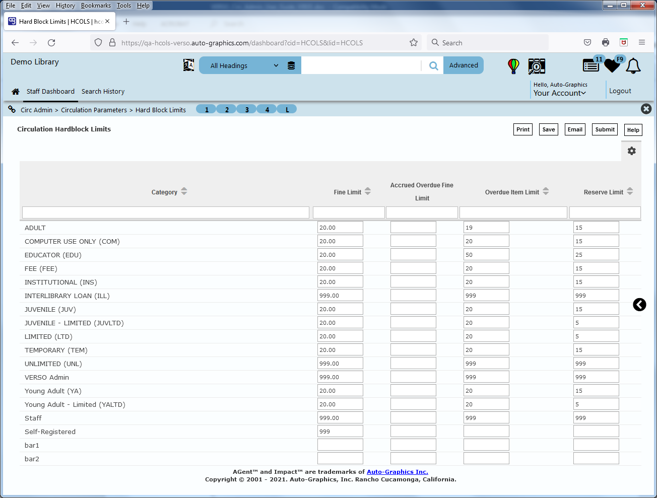 image of Circulation Hardblock Limits Screen