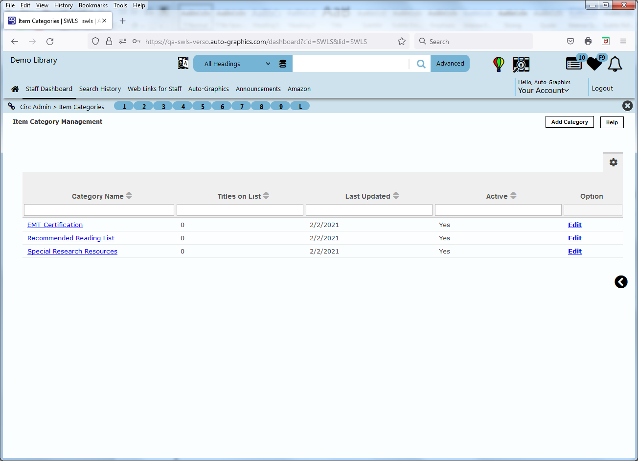 image of Item Category Management Screen