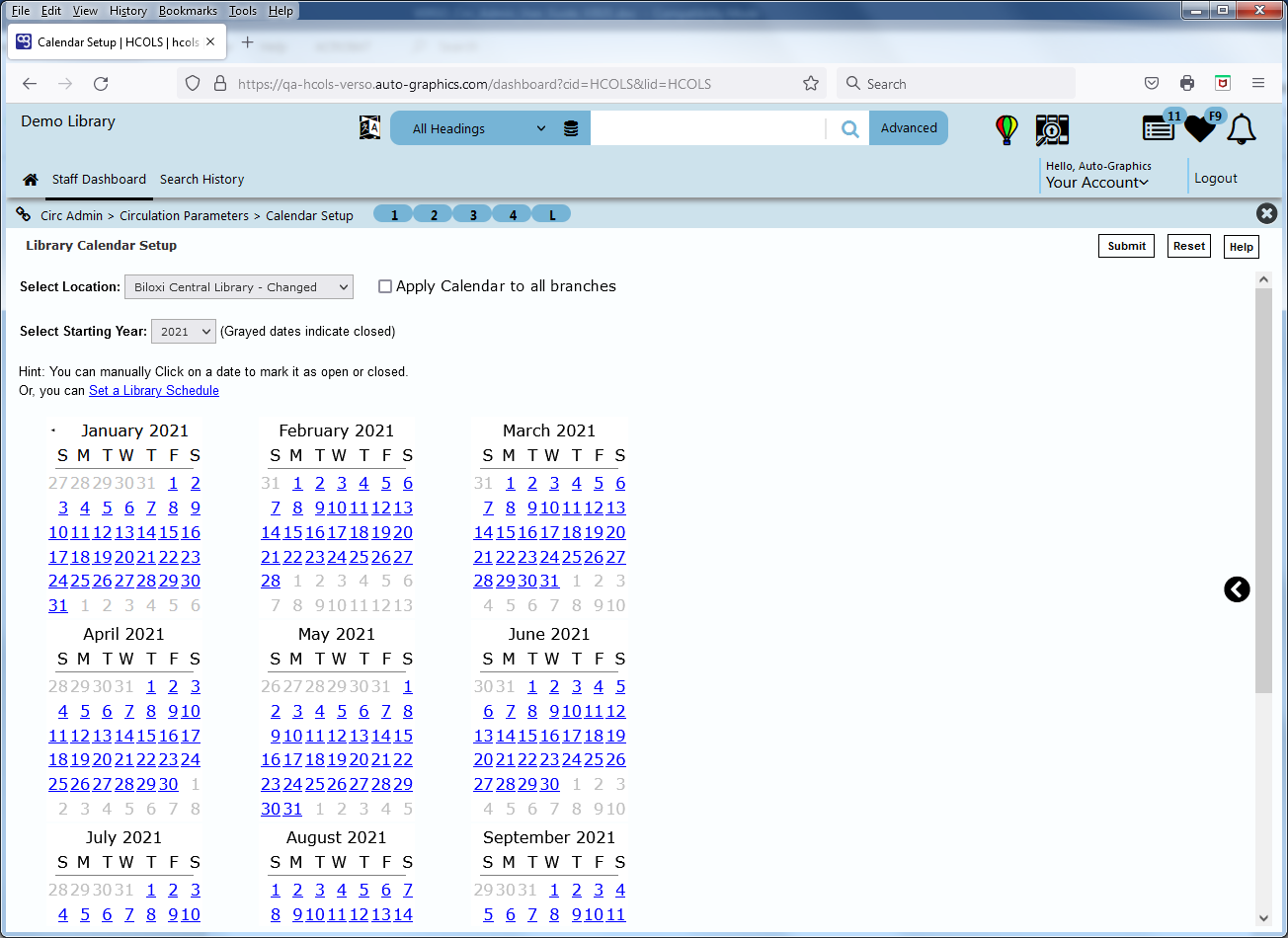 image of Library Calendar Setup Screen