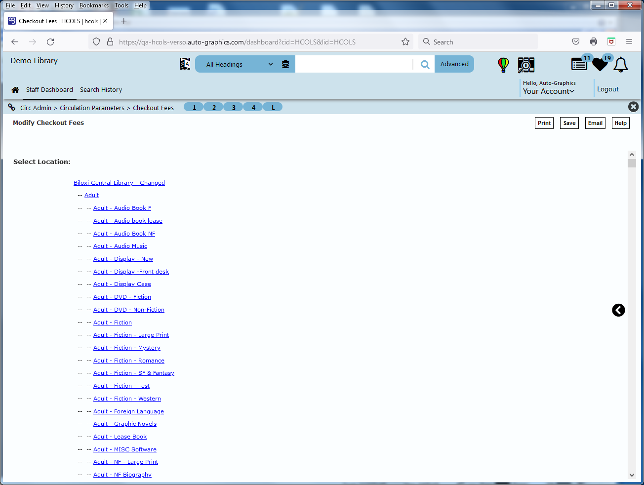 image of Modify Checkout Fees - Select Location Screen