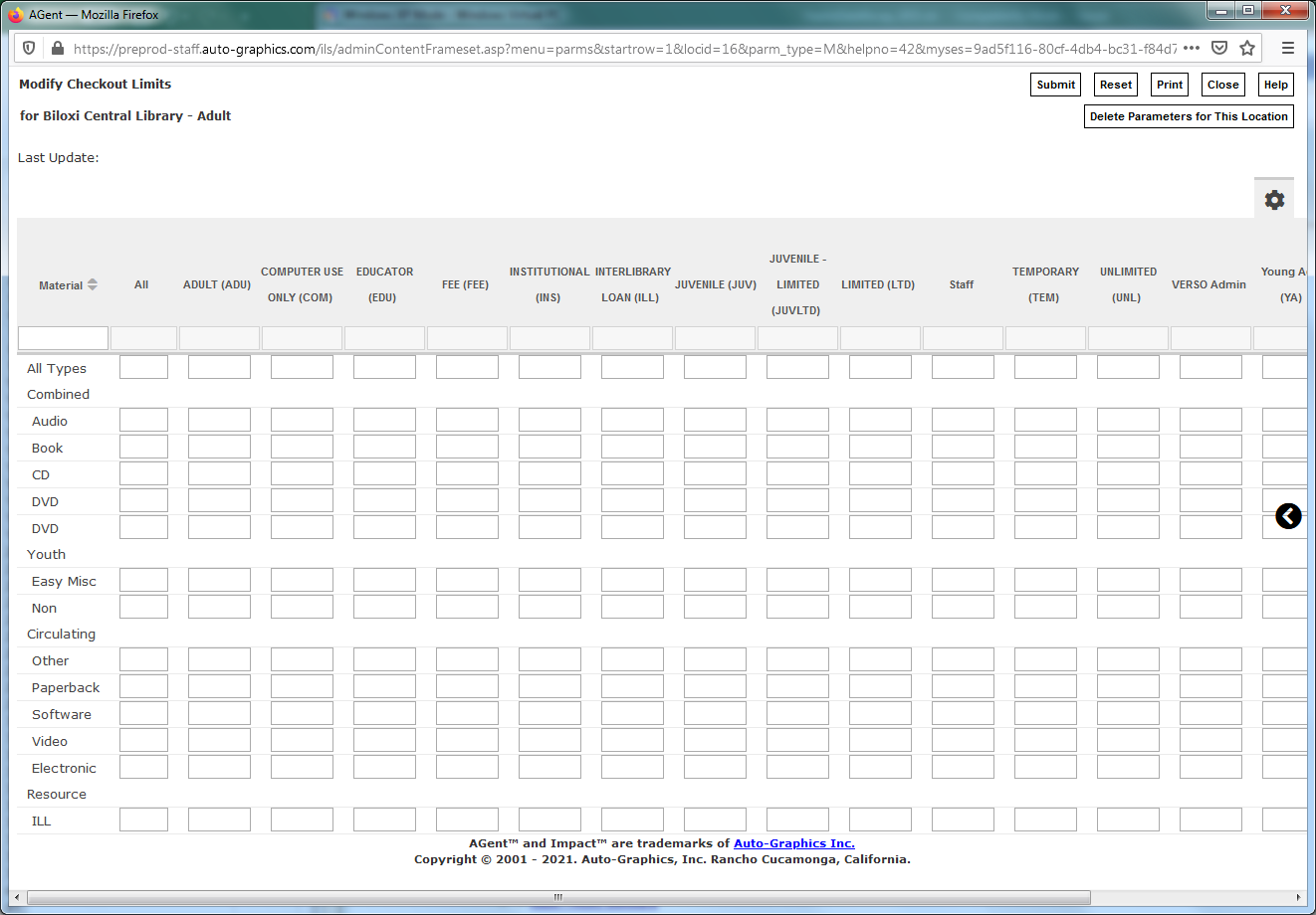 Modify Checkout Limits Screen