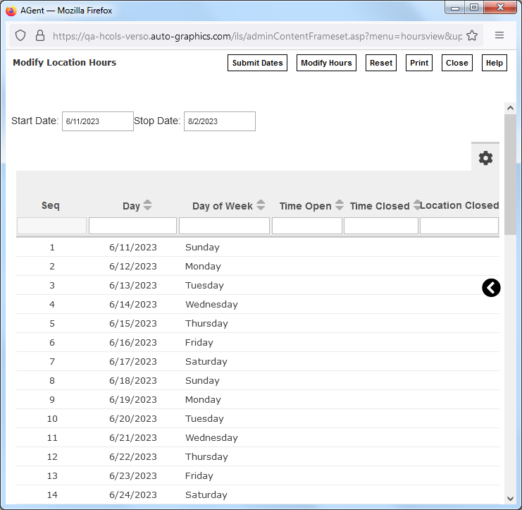 image of Modify Location Hours - Submit Dates Screen