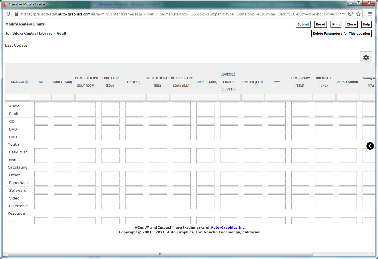 Modify Renewal Limits Screen