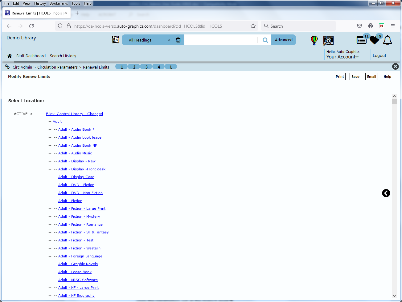 image of Modify Renewal Limits - Select Location Screen