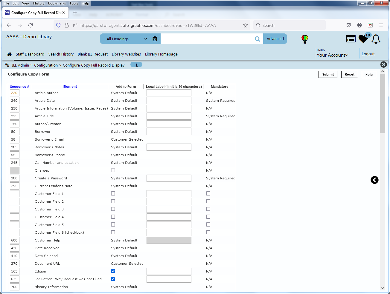 image of Configure Copy Full Record Display Screen