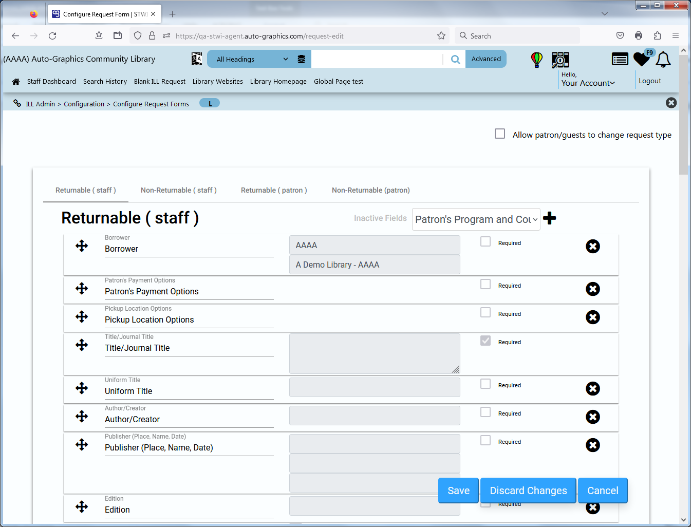 Configure Request Forms Screen