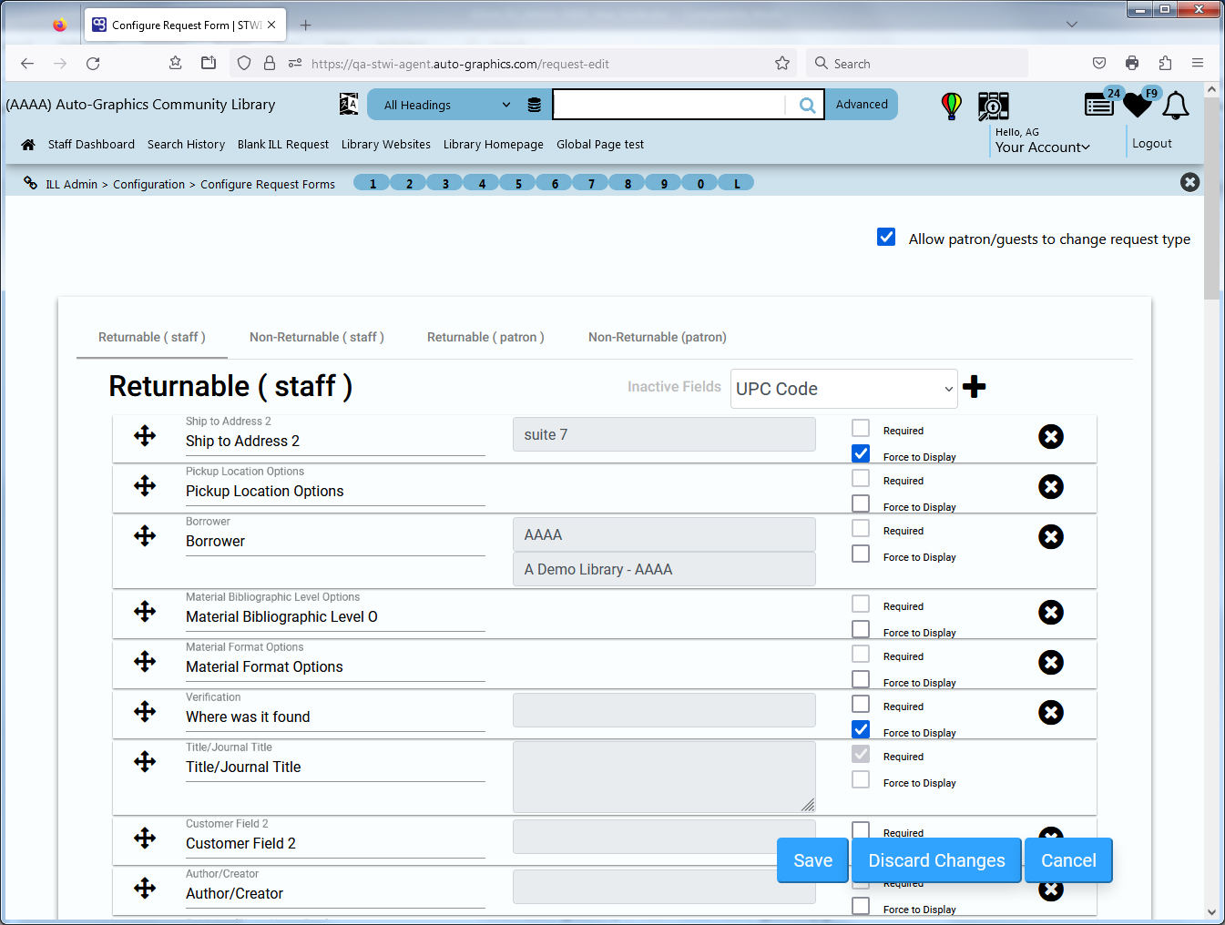 Configure Request Forms Screen