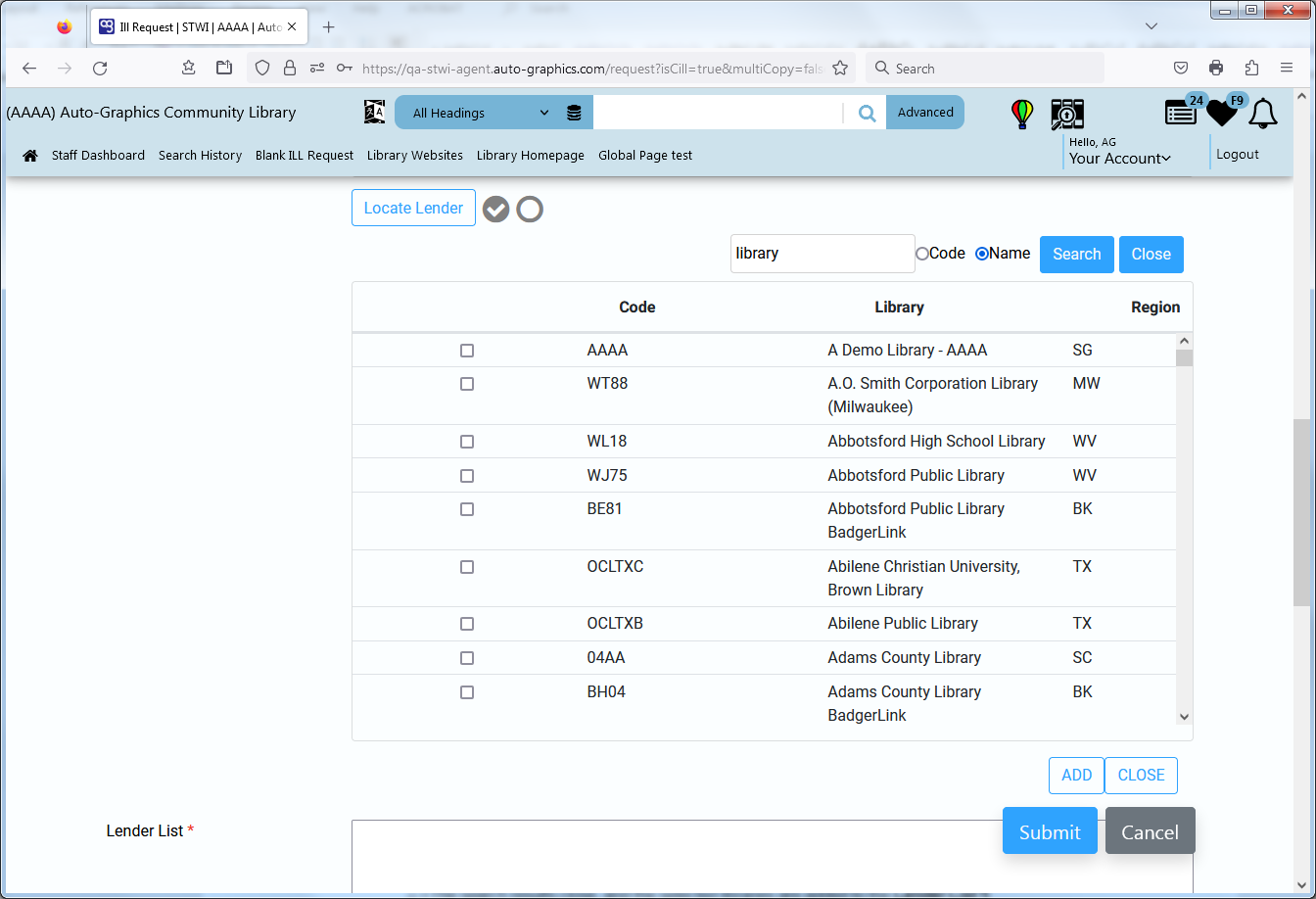 Locate Lender Search Results Screen