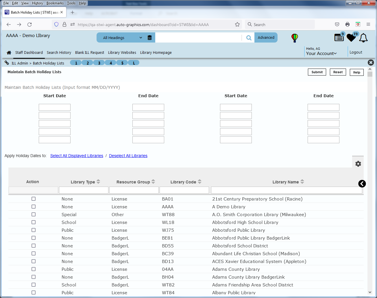 Maintain Batch Holiday Lists Screen