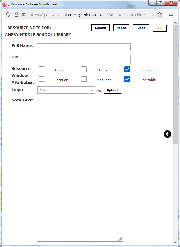 Define Resource Note Screen  Resource Note Field