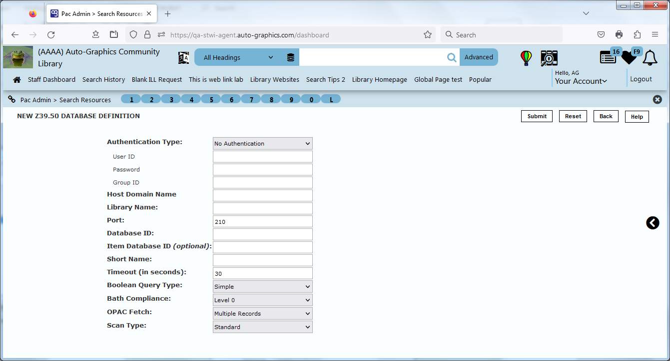 New Z39.50 Database Definition Screen