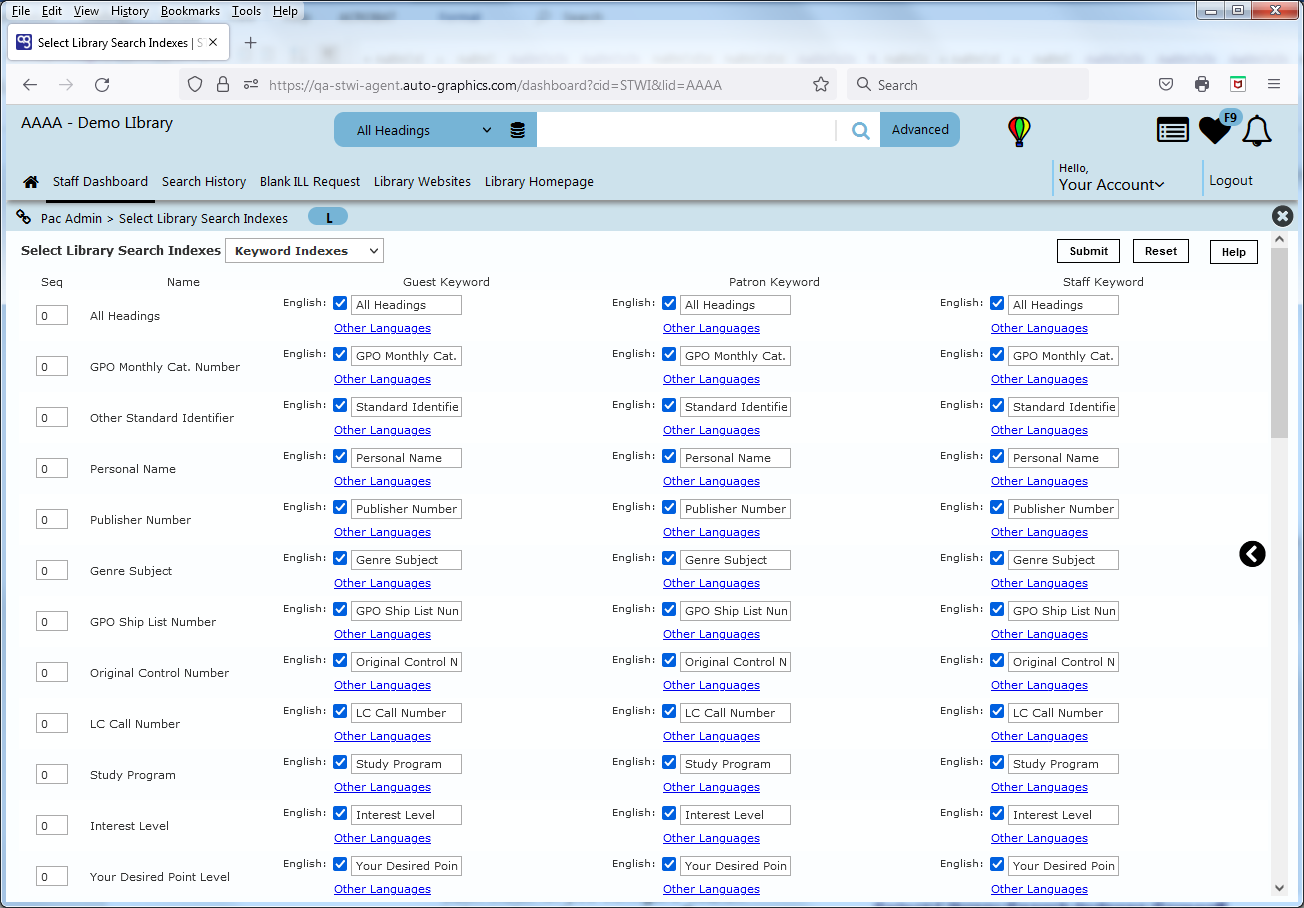 Select Library Search Indexes Screen