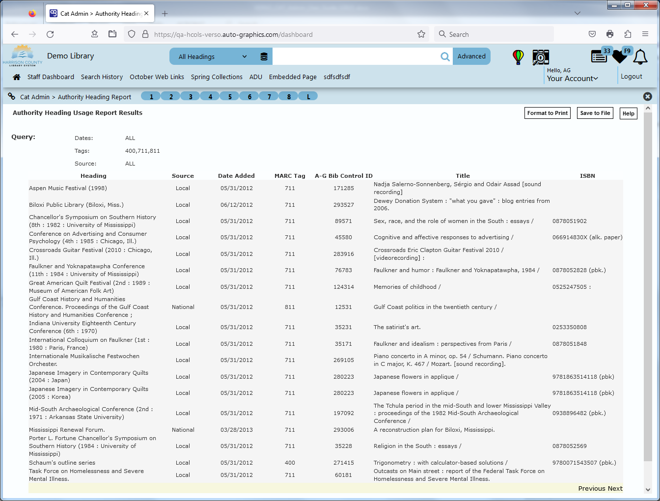 Authority Heading Usage Report Results Screen