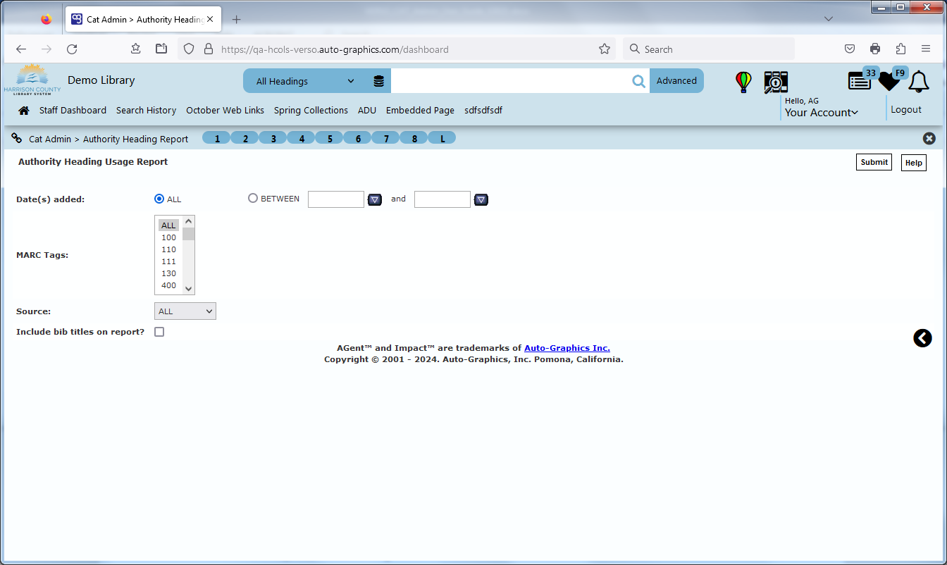 Authority Heading Usage Report Setup Screen