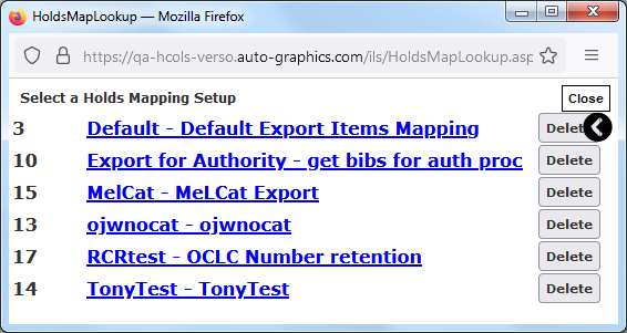 Select a Holds Mapping Setup Screen