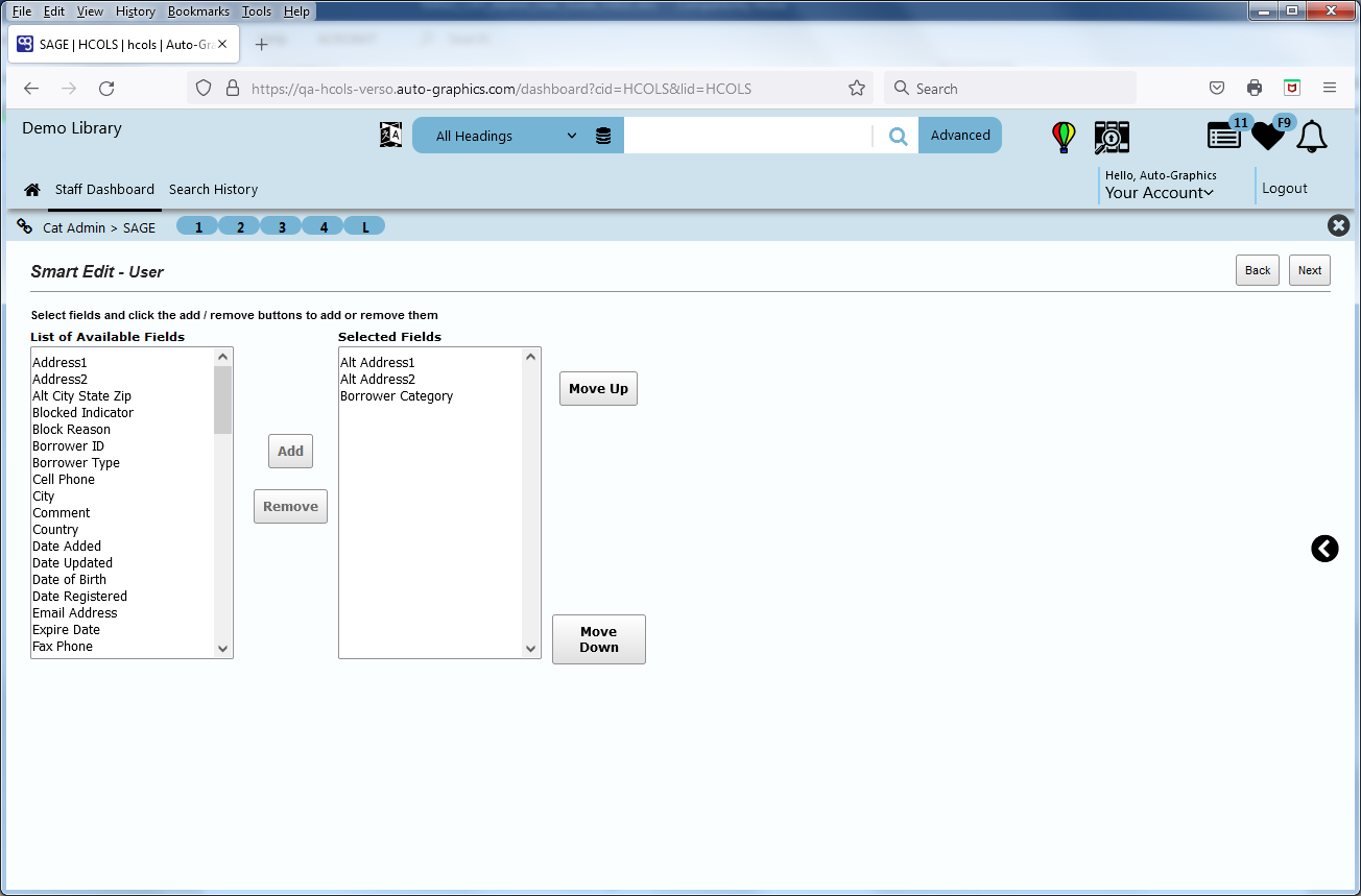 Select Output Fields Screen