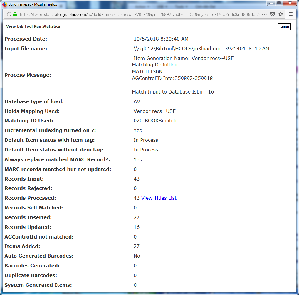 View Bib Tool Run Statistics Screen