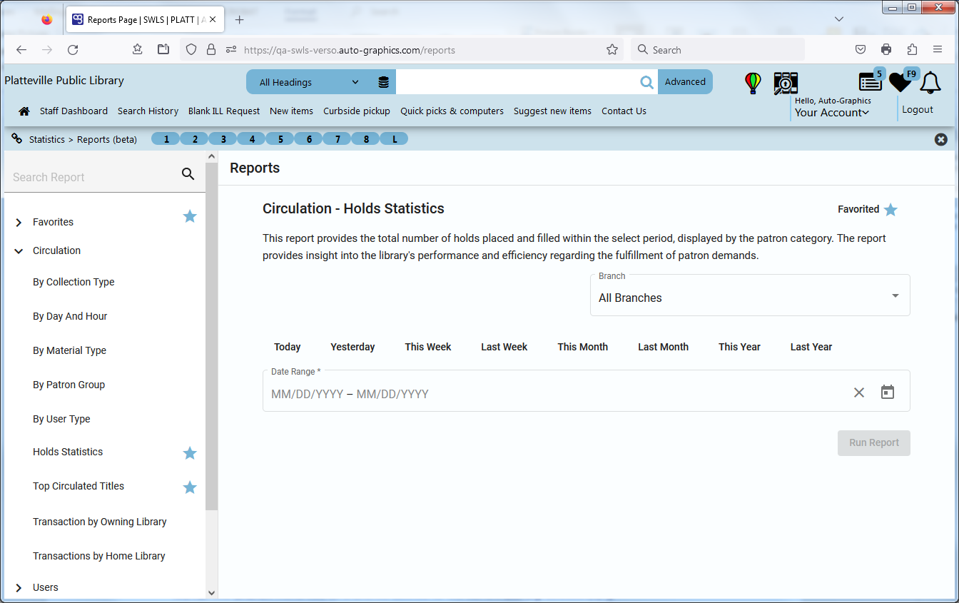 Circulation  Holds Statistics Screen