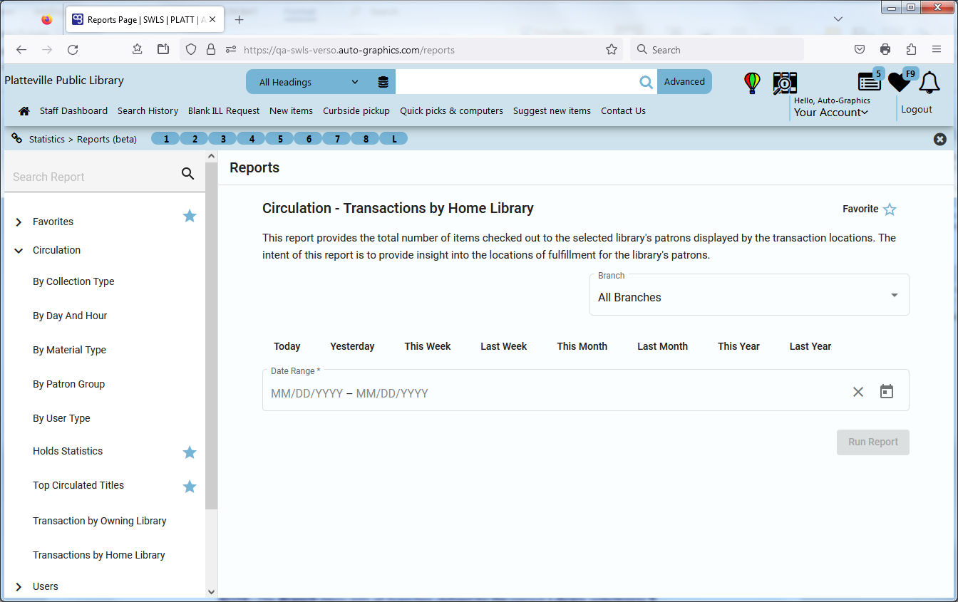 Circulation - Transactions by Home Library Screen