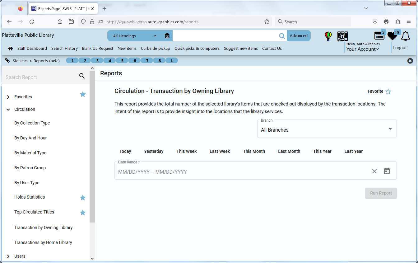 Circulation - Transaction by Owning Library Screen