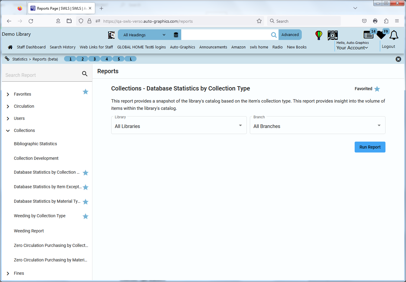 Collections  Database Statistics by Collection Type Screen