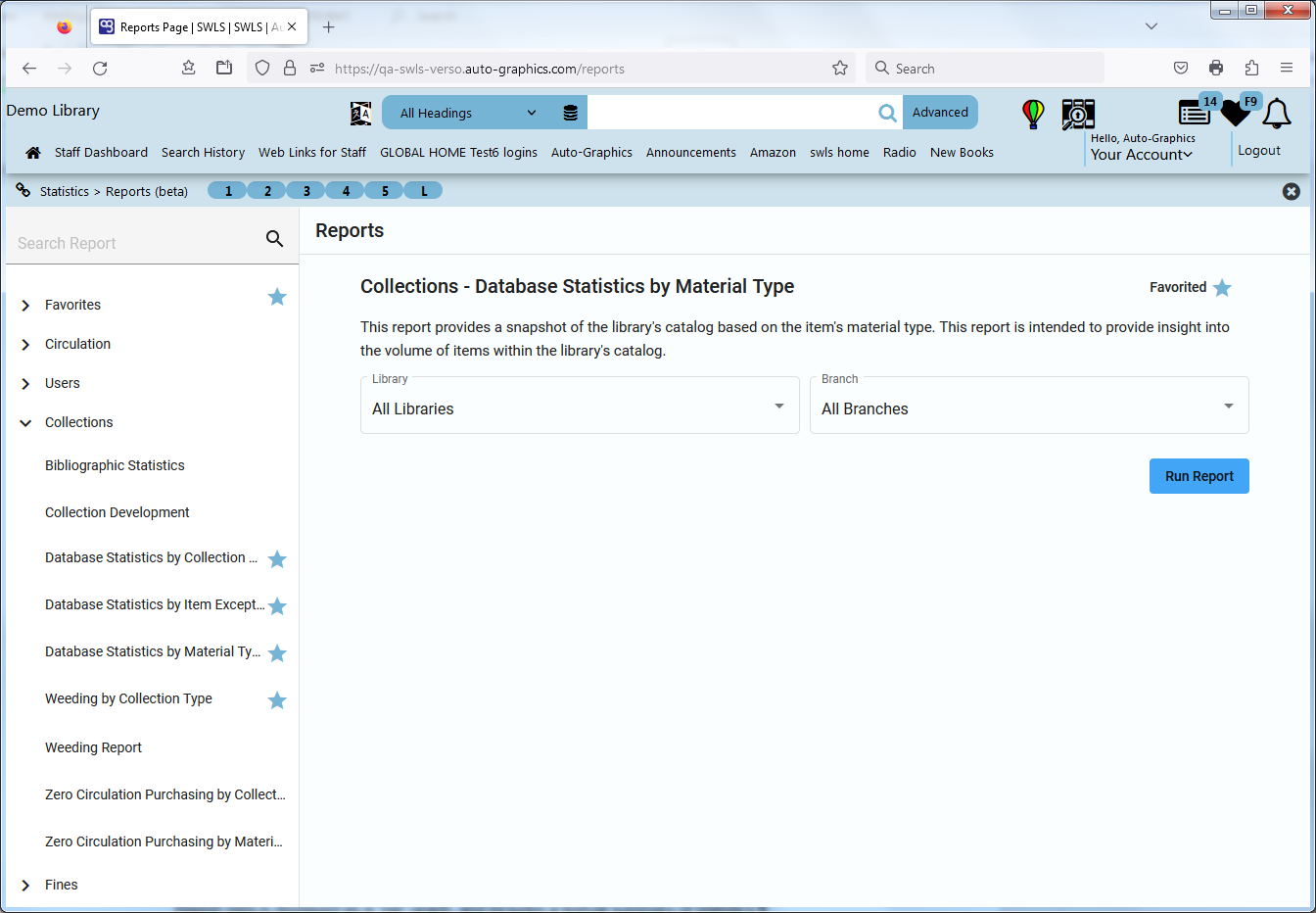 Collections  Database Statistics by Material Type Screen