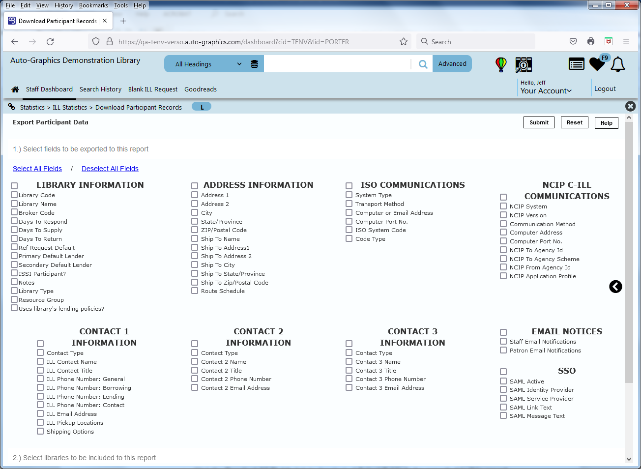 Export Participant Data Screen  Select Fields