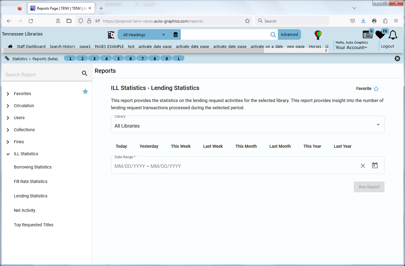 ILL Statistics  Lending Statistics Screen