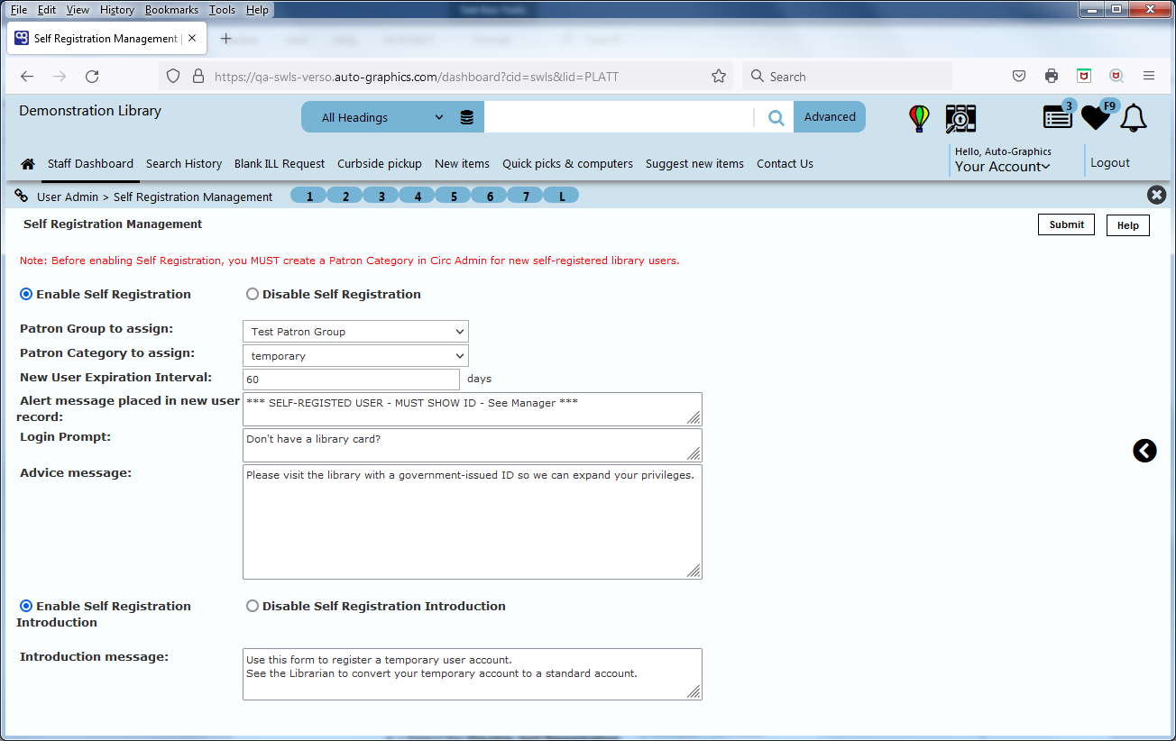 Self Registration Management Screen