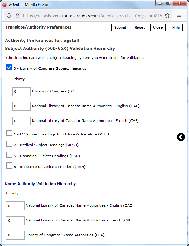 Translate/Authority Preferences Screen