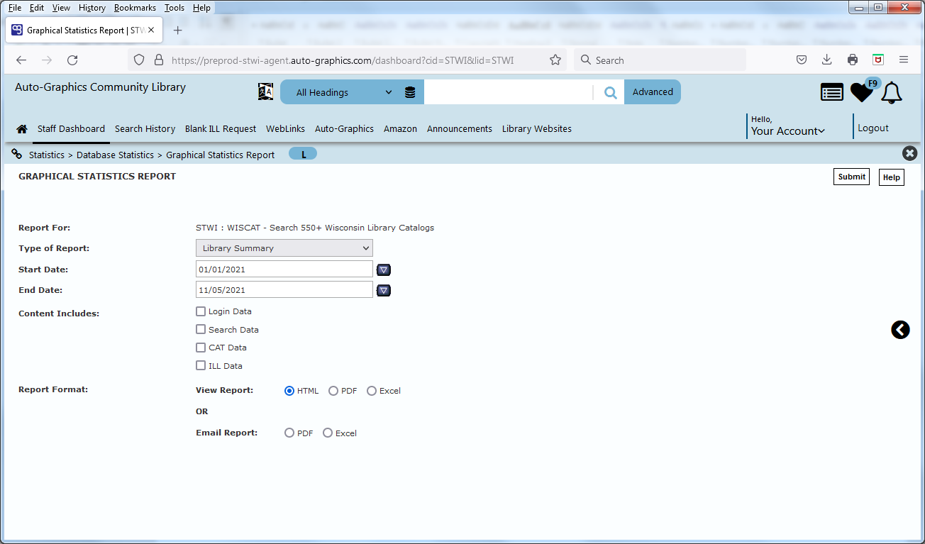 Graphical Statistics Setup Screen