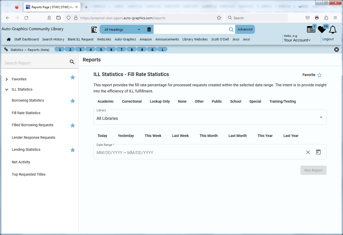 ILL Statistics  Fill Rate Statistics Screen