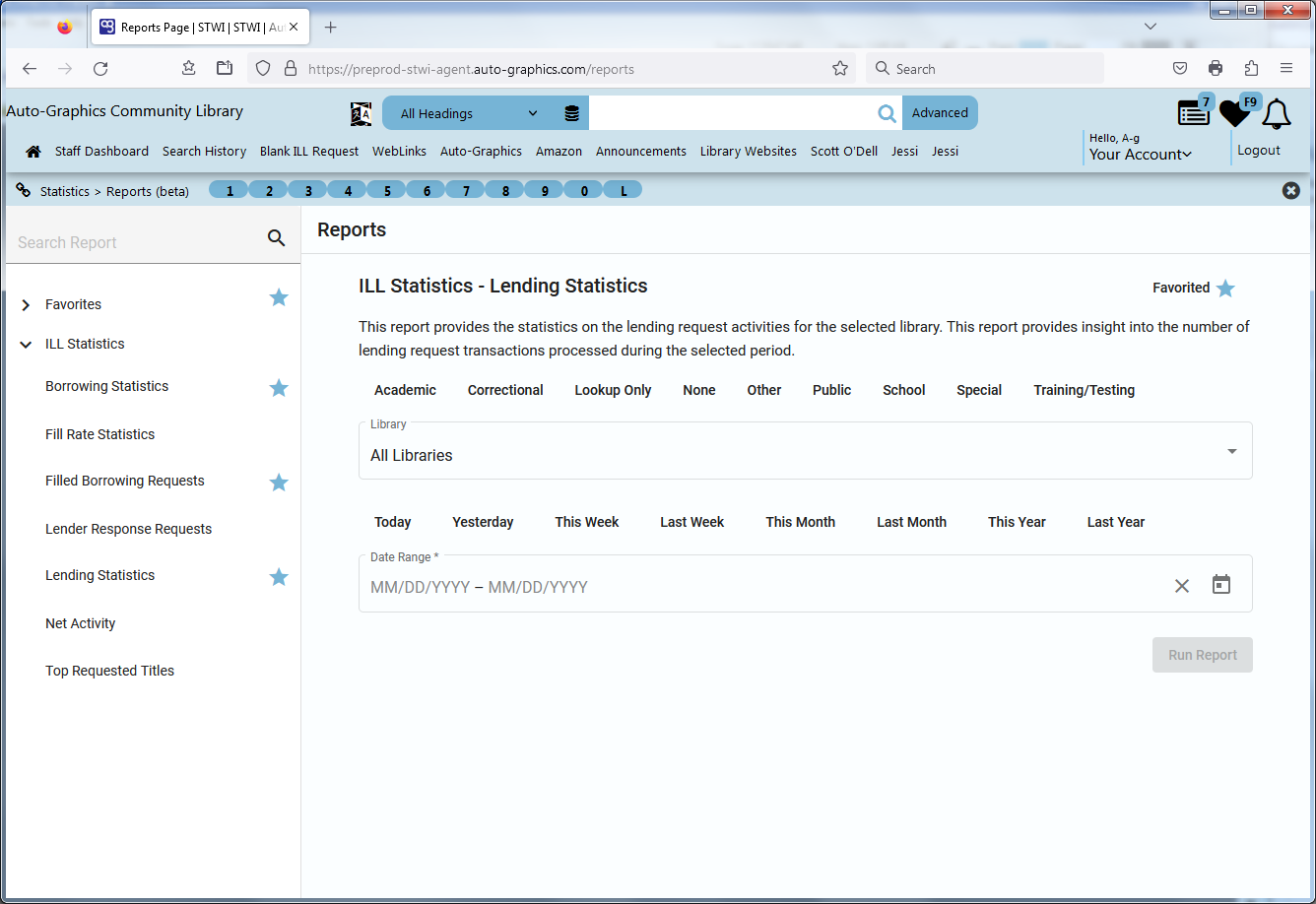 ILL Statistics  Lending Statistics Screen