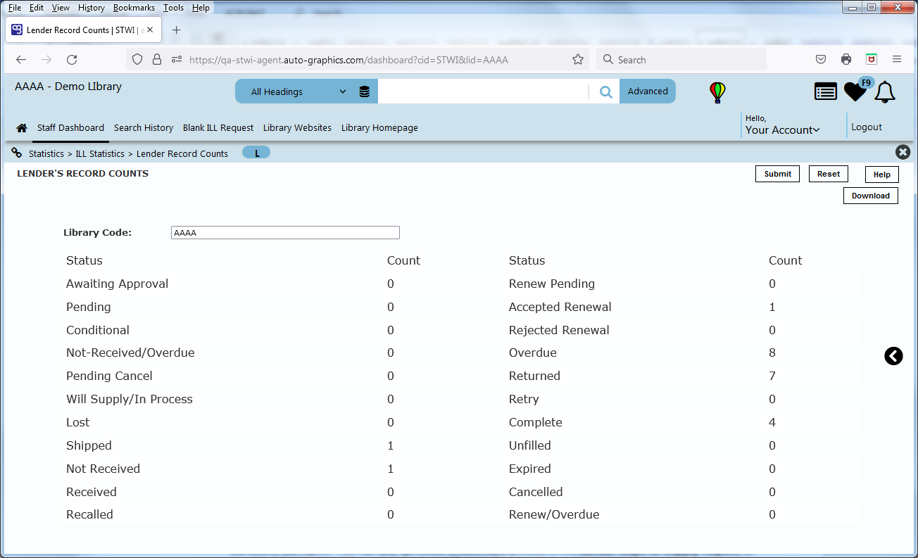 Lenders Record Counts Screen