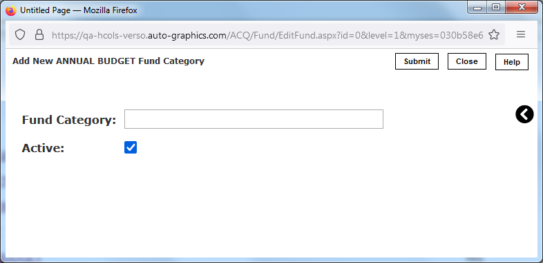 Add New Funding Source Fund Category Screen