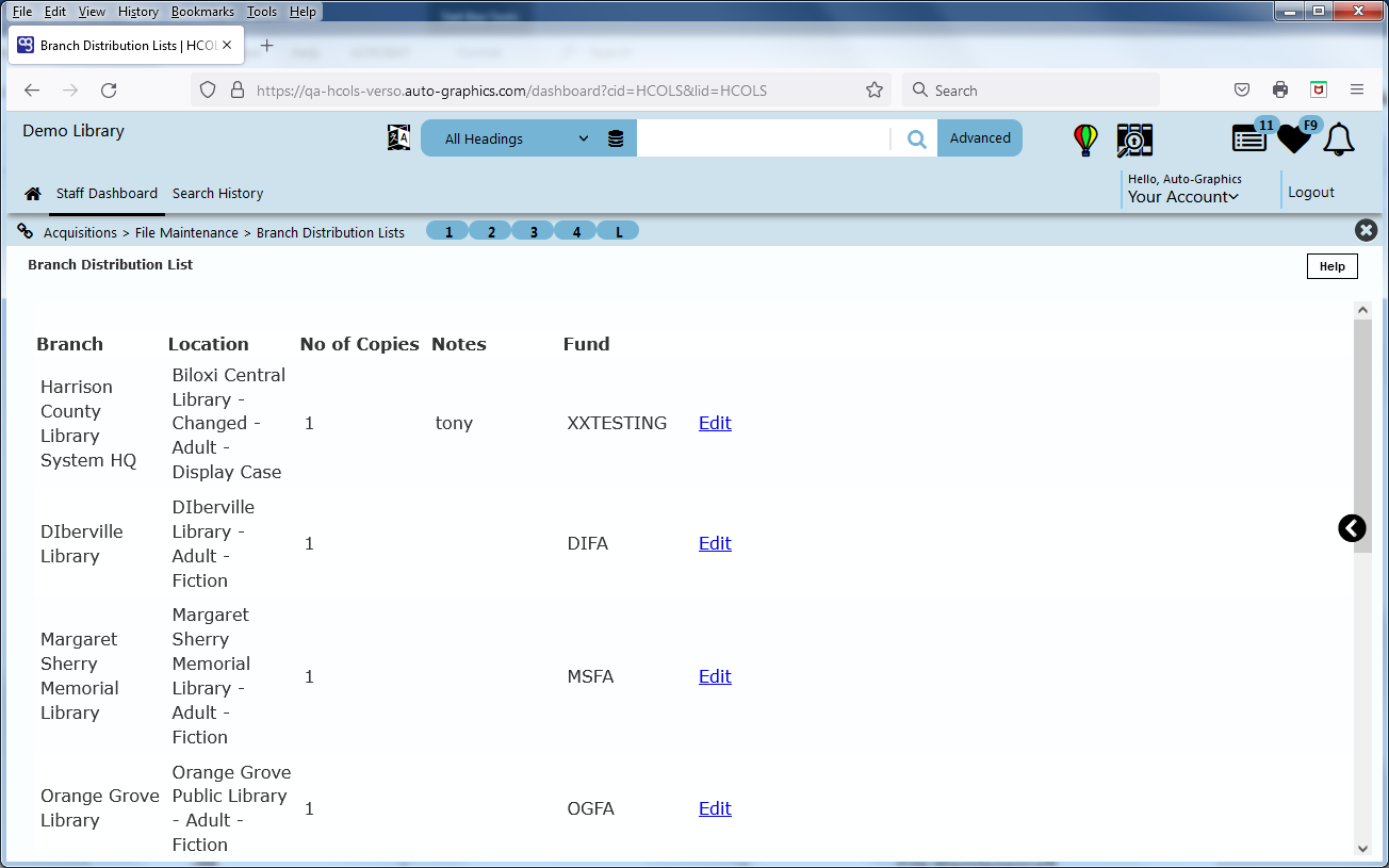 Branch Distribution Lists Detail Screen