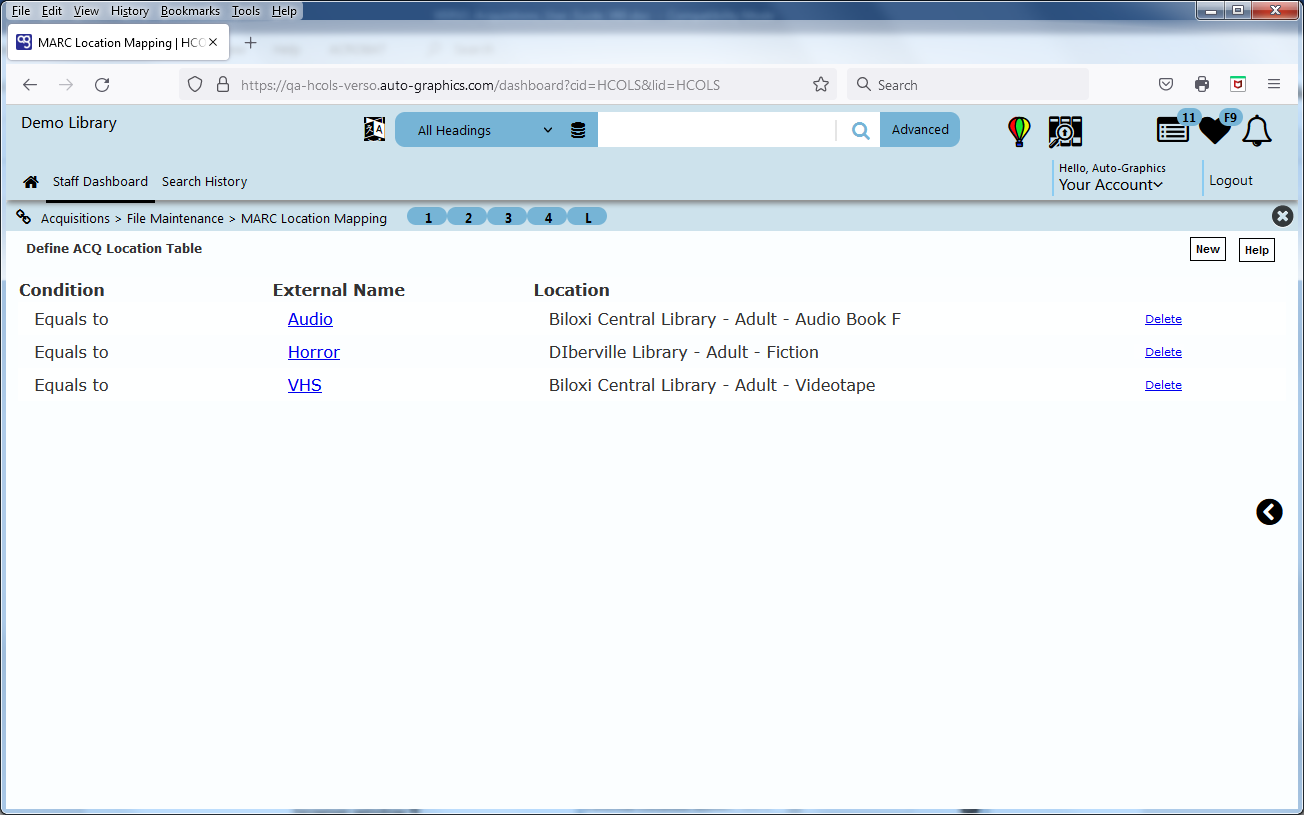 Define ACQ Location Table Screen