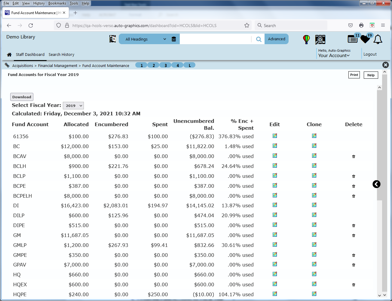 Fund Accounts for Fiscal Year Screen