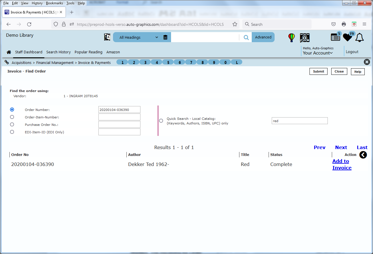 Invoice  Find Order Screen