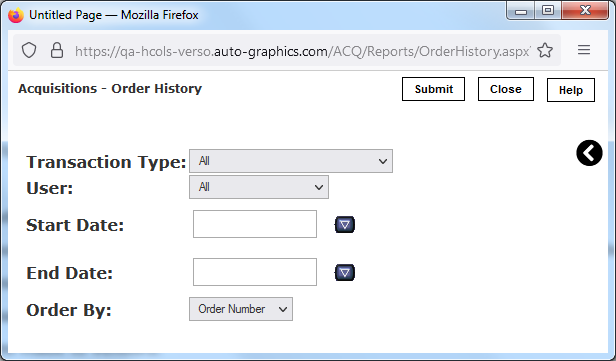 Order History Data Entry Screen