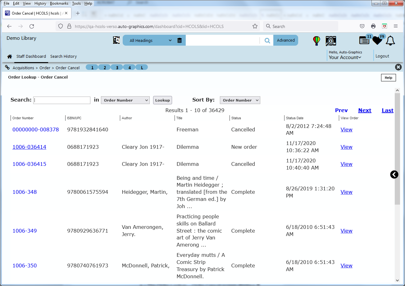 Order Lookup  Order Cancel Screen